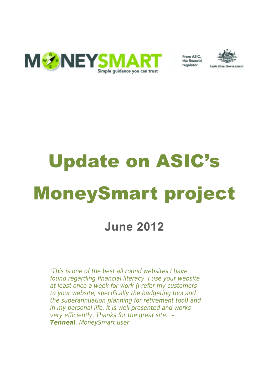 Update on ASIC Smoneysmart Project - June 2012