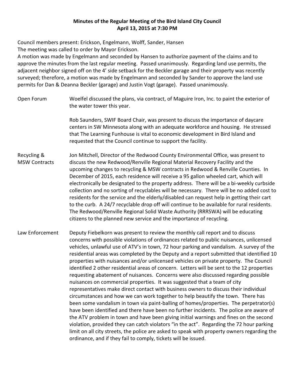 Minutes of the Regular Meeting of the Bird Island City Council