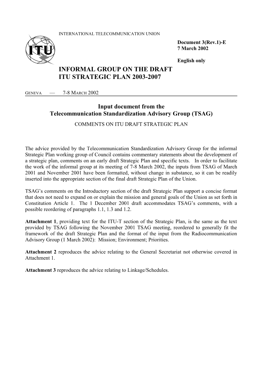 Input Document from the Telecommunication Standardization Advisory Group (TSAG)