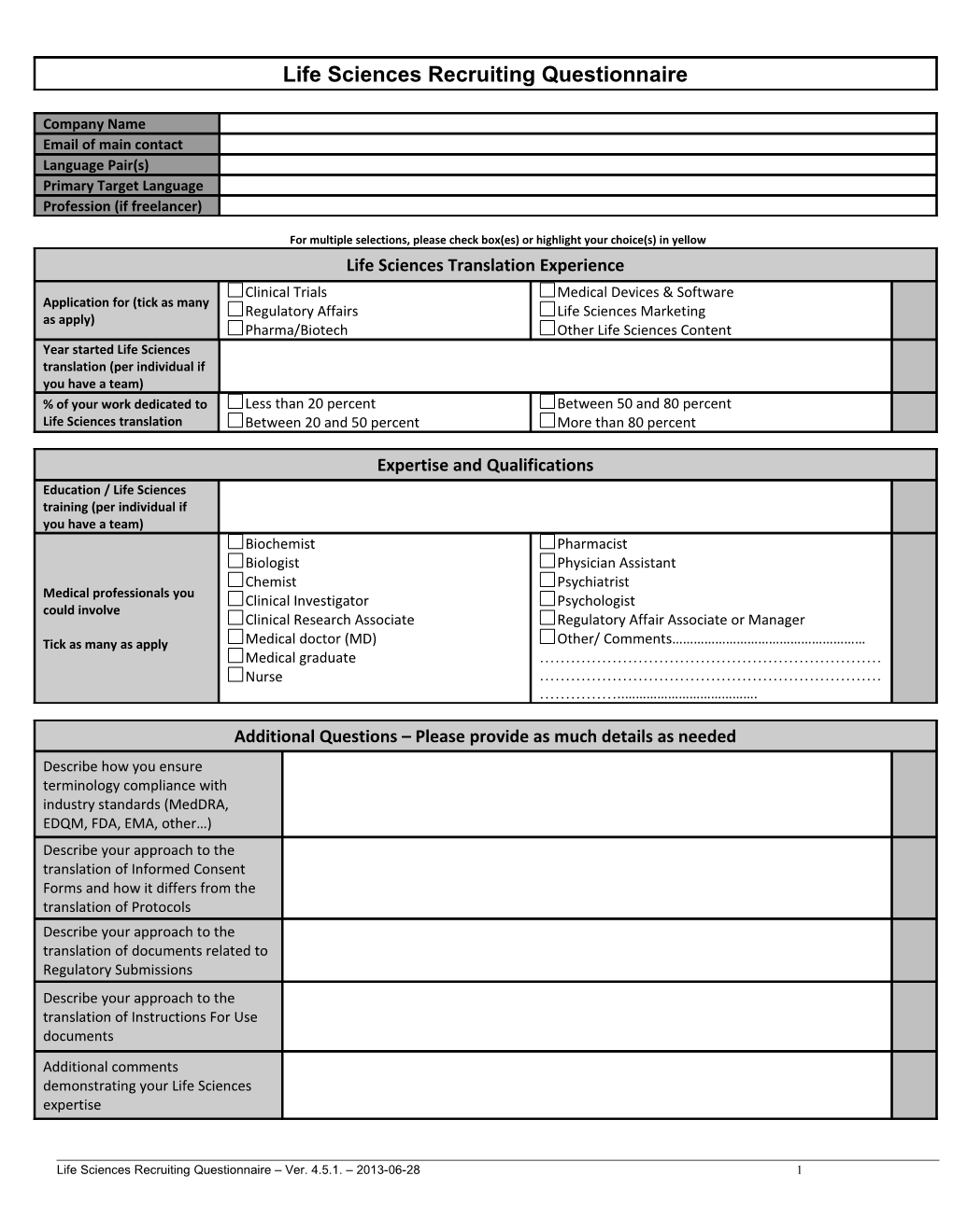 Life Sciences Recruitment Questionnaire