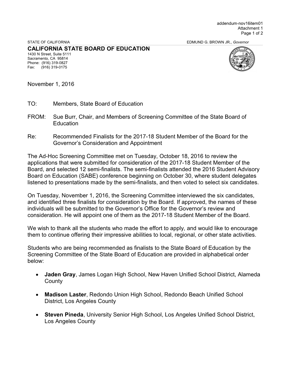 November 2016 Agenda Item 01 Addendum Attachment 1 - Meeting Agendas (CA State Board Of