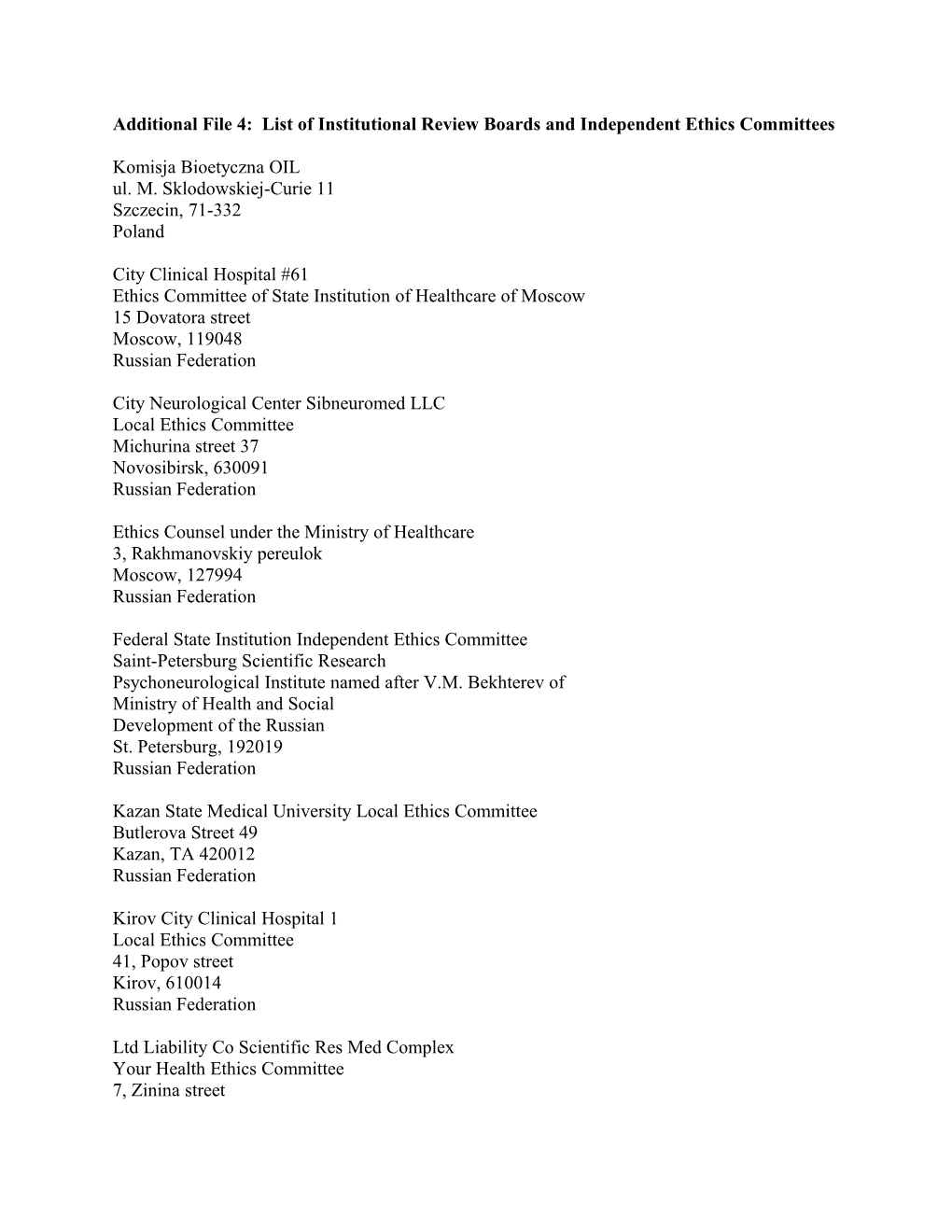 Additional File 4: List of Institutional Review Boards and Independent Ethics Committees