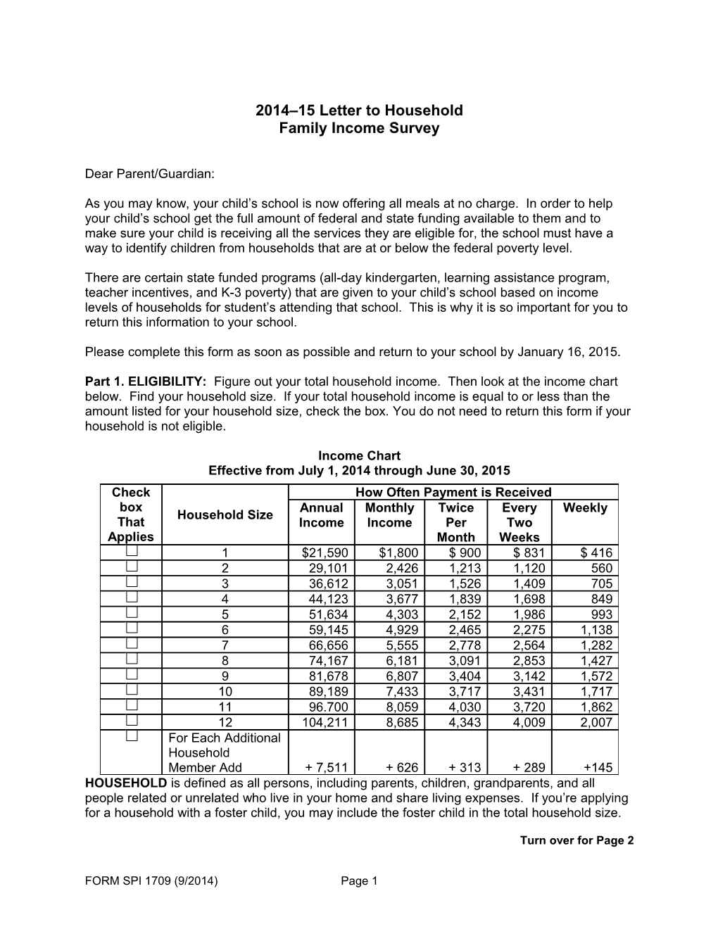 2014-15 Letter to Households Family Economic Data Survey