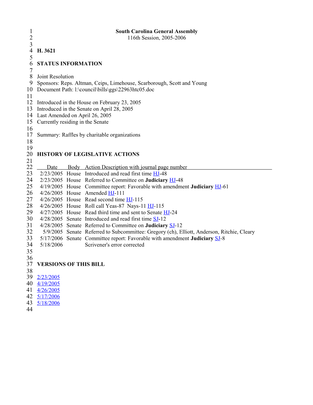 2005-2006 Bill 3621: Raffles by Charitable Organizations - South Carolina Legislature Online