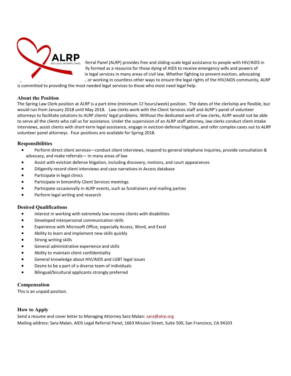 About ALRP Founded in 1983, the AIDS Legal Referral Panel (ALRP) Provides Free and Sliding-Scale