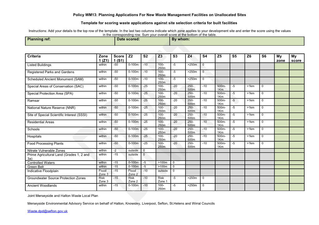 Template for Scoring Waste Applications Against Site Selection Criteria for Built Facilities