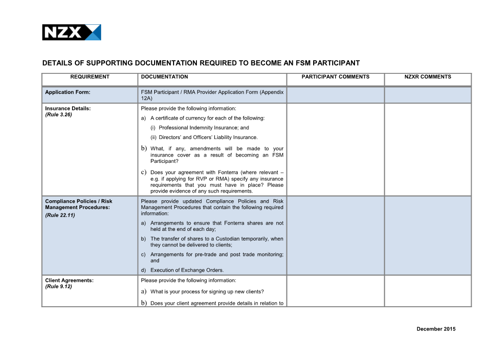 Details of Supporting Documentation Required to Become an Fsm Participant