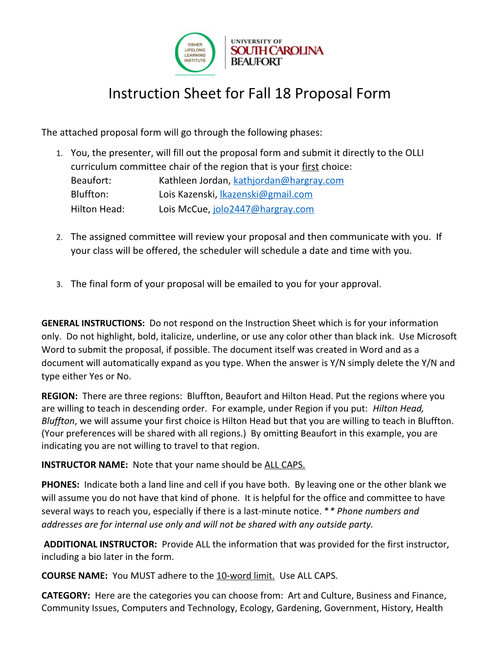Instruction Sheet for Fall 18 Proposal Form