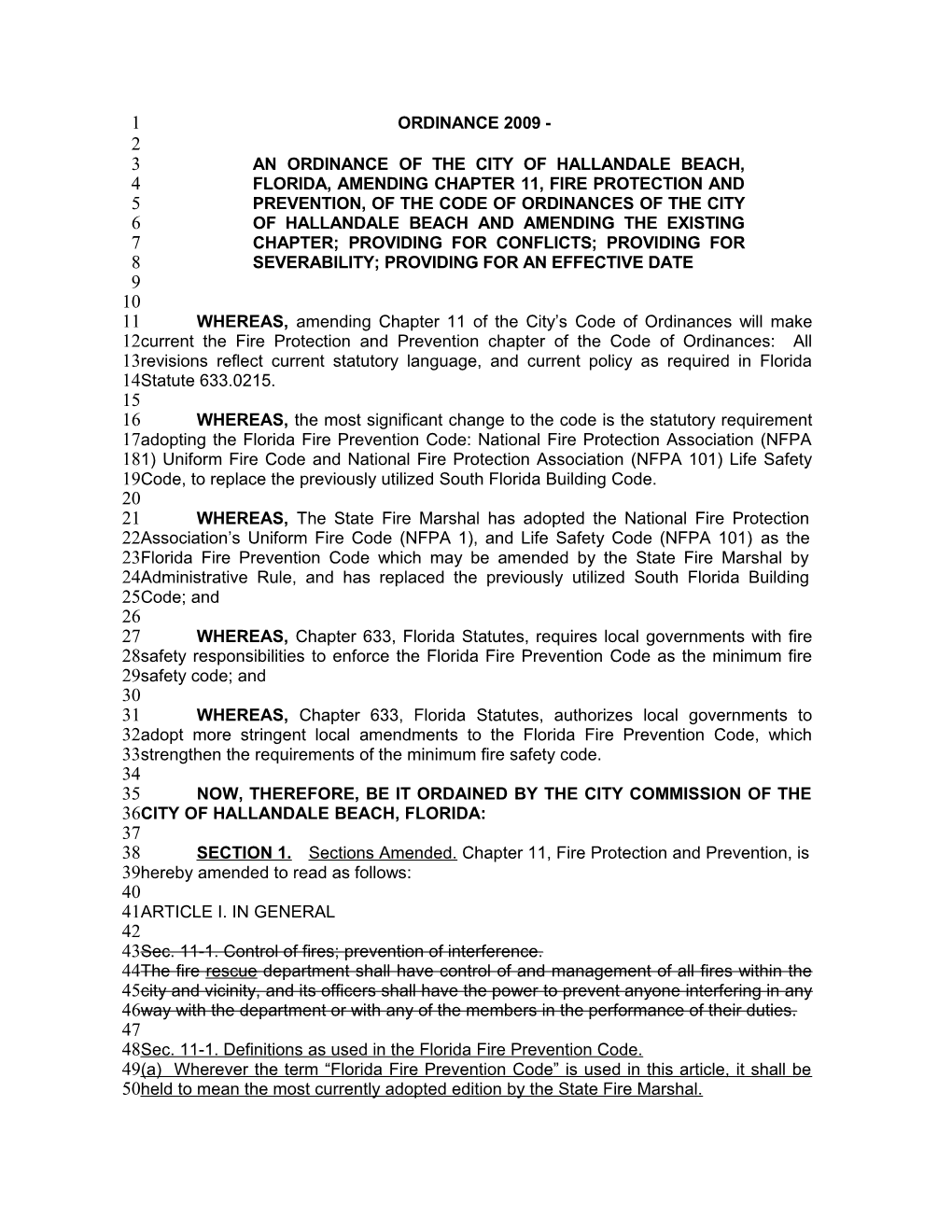 An ORDINANCE of the City of Hallandale Beach, Florida, Amending Chapter 11, Fire Protection