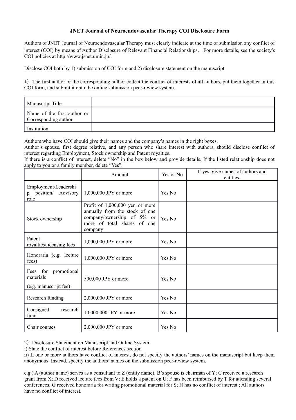 JNET Journal of Neuroendovascular Therapy COI Disclosure Form