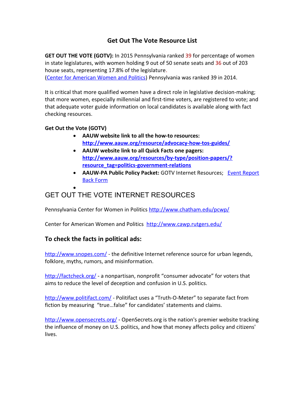 GET out the VOTE (GOTV): in 2014 Pennsylvania Ranked 38 in Number of Women Legislators