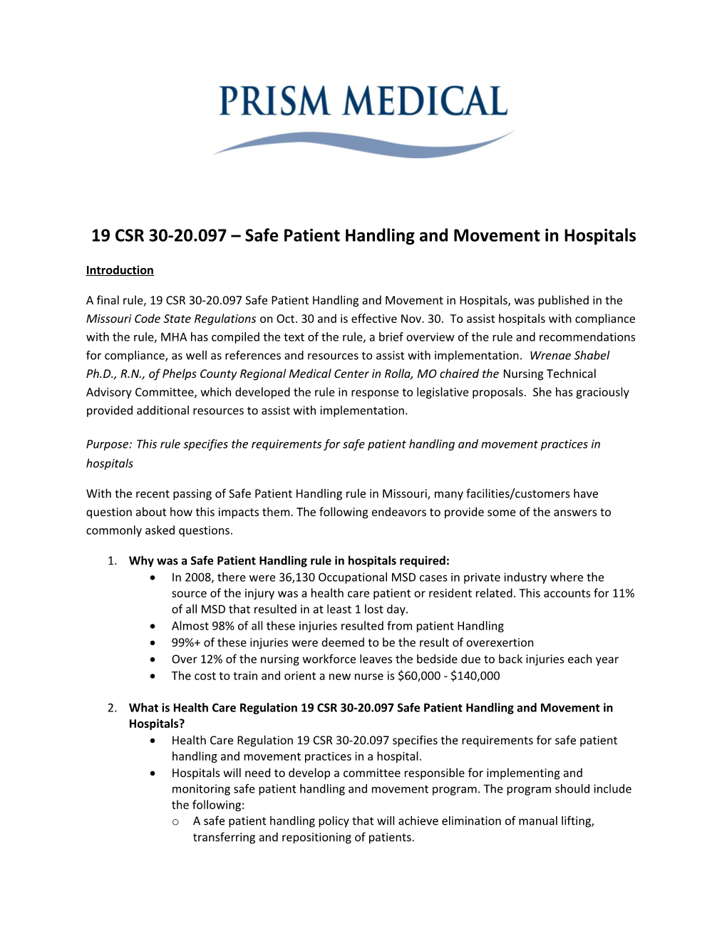 19 CSR 30-20.097 Safe Patient Handling and Movement in Hospitals