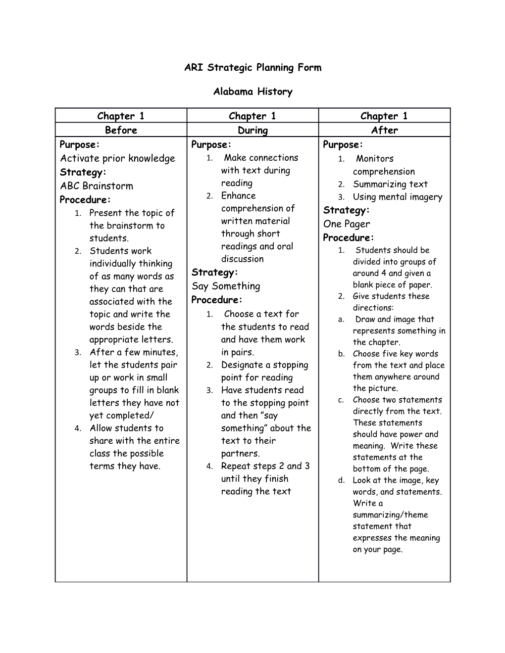 ARI Strategic Planning Form