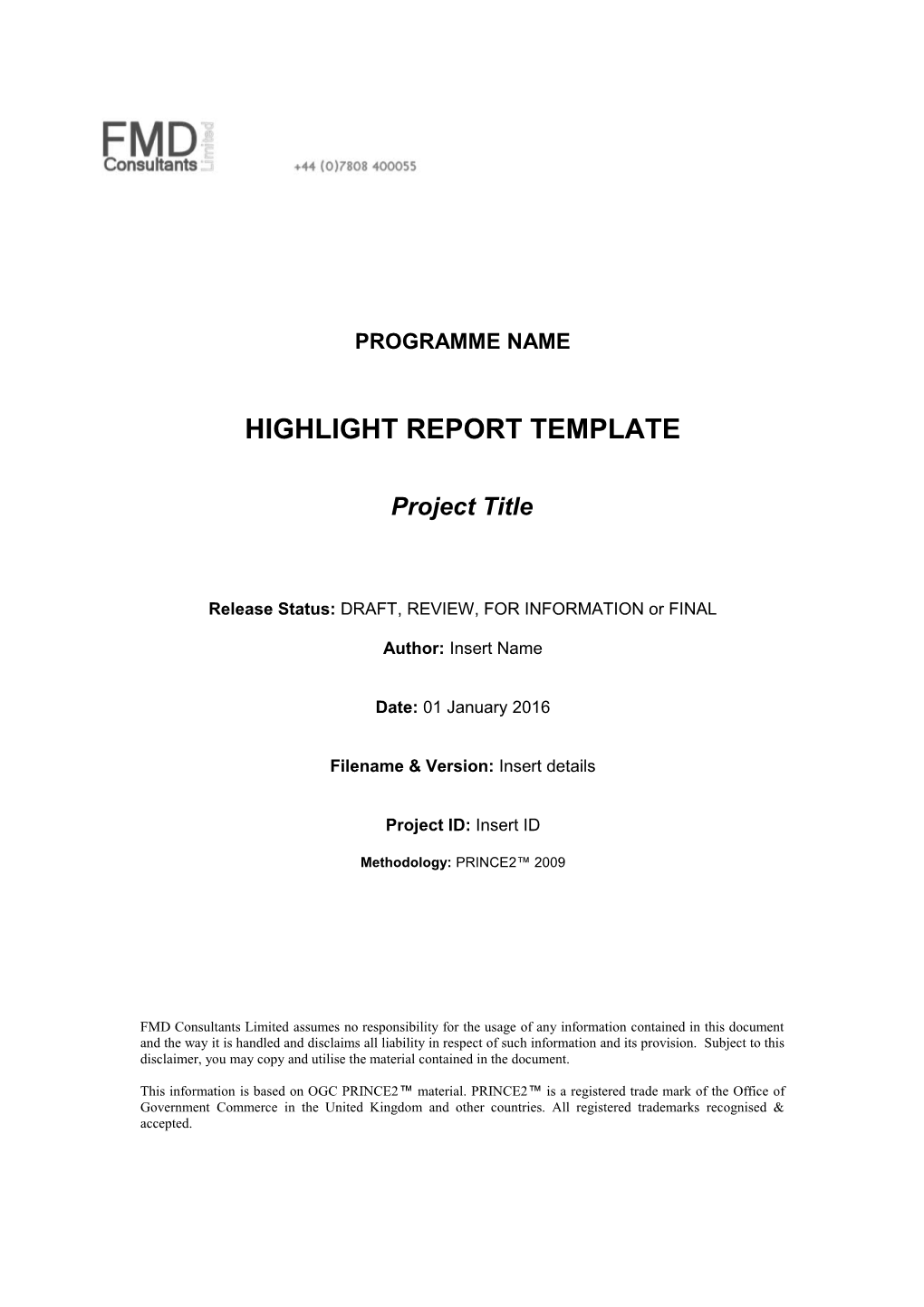 Highlight Report Template