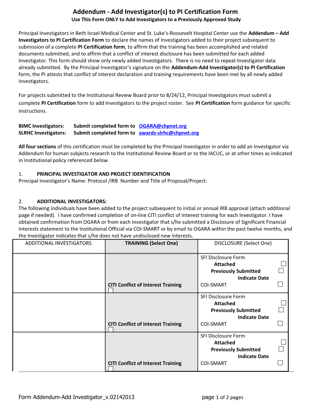 Addendum - Add Investigator(S)To PI Certification Form