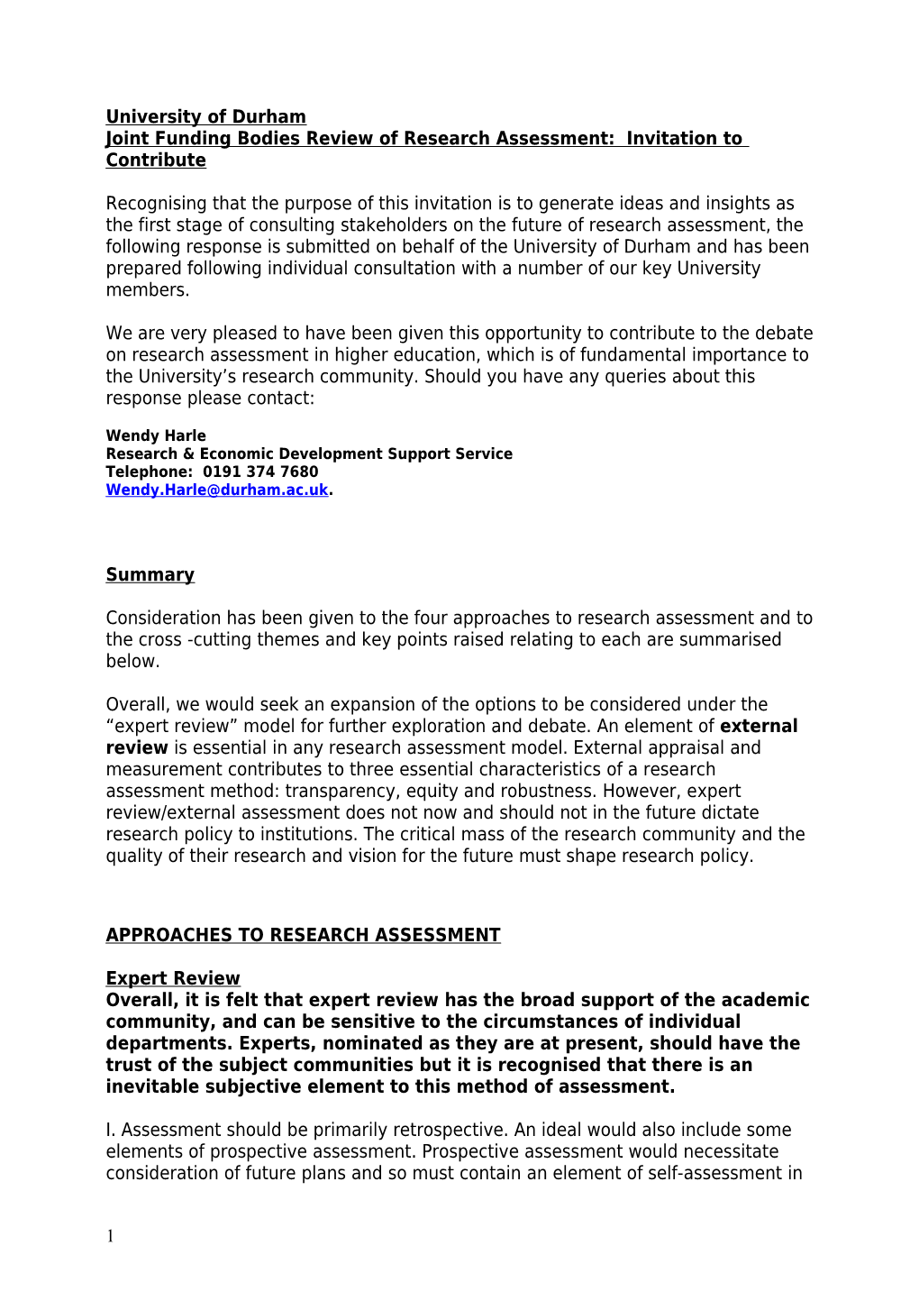 Research Assessment - Comments from Michael Prestwich