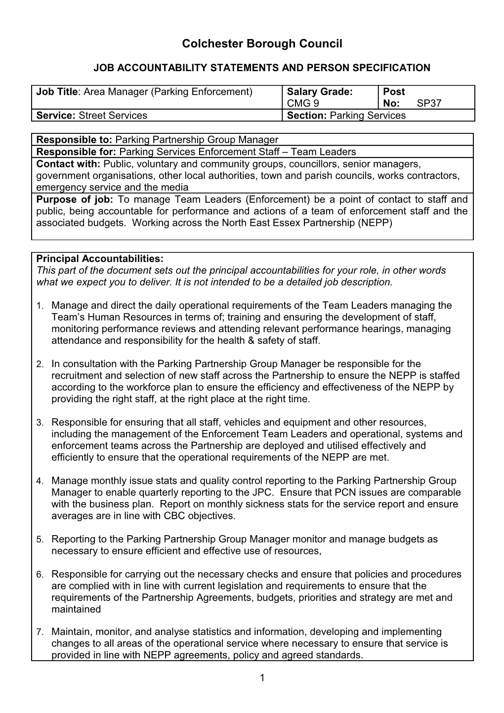 Job Accountability Statements and Person Specification