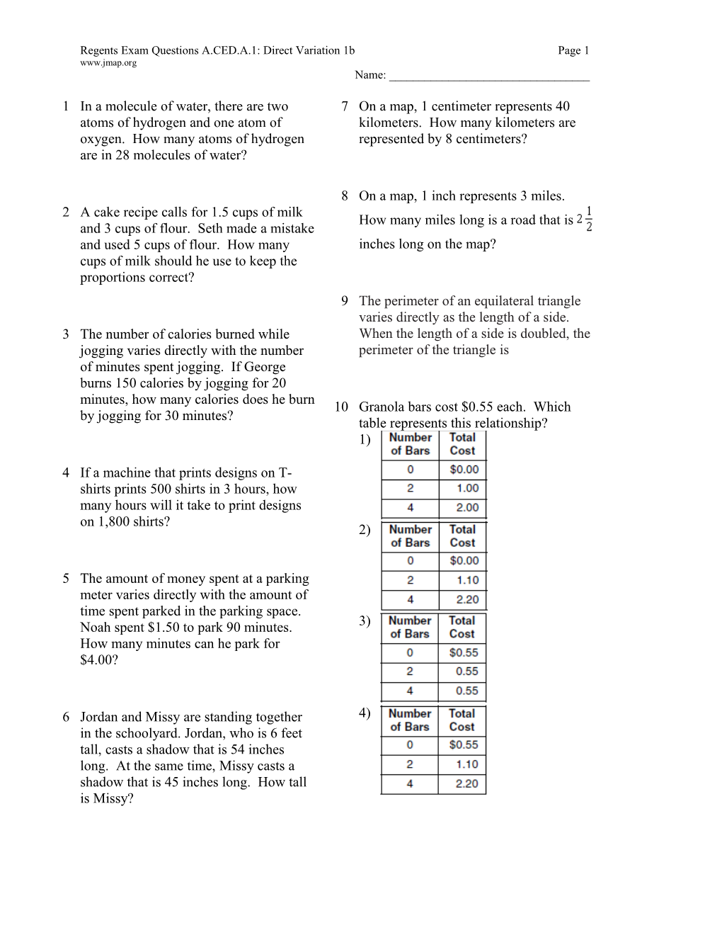 Regents Exam Questions A.CED.A.1: Direct Variation 1Bpage 1