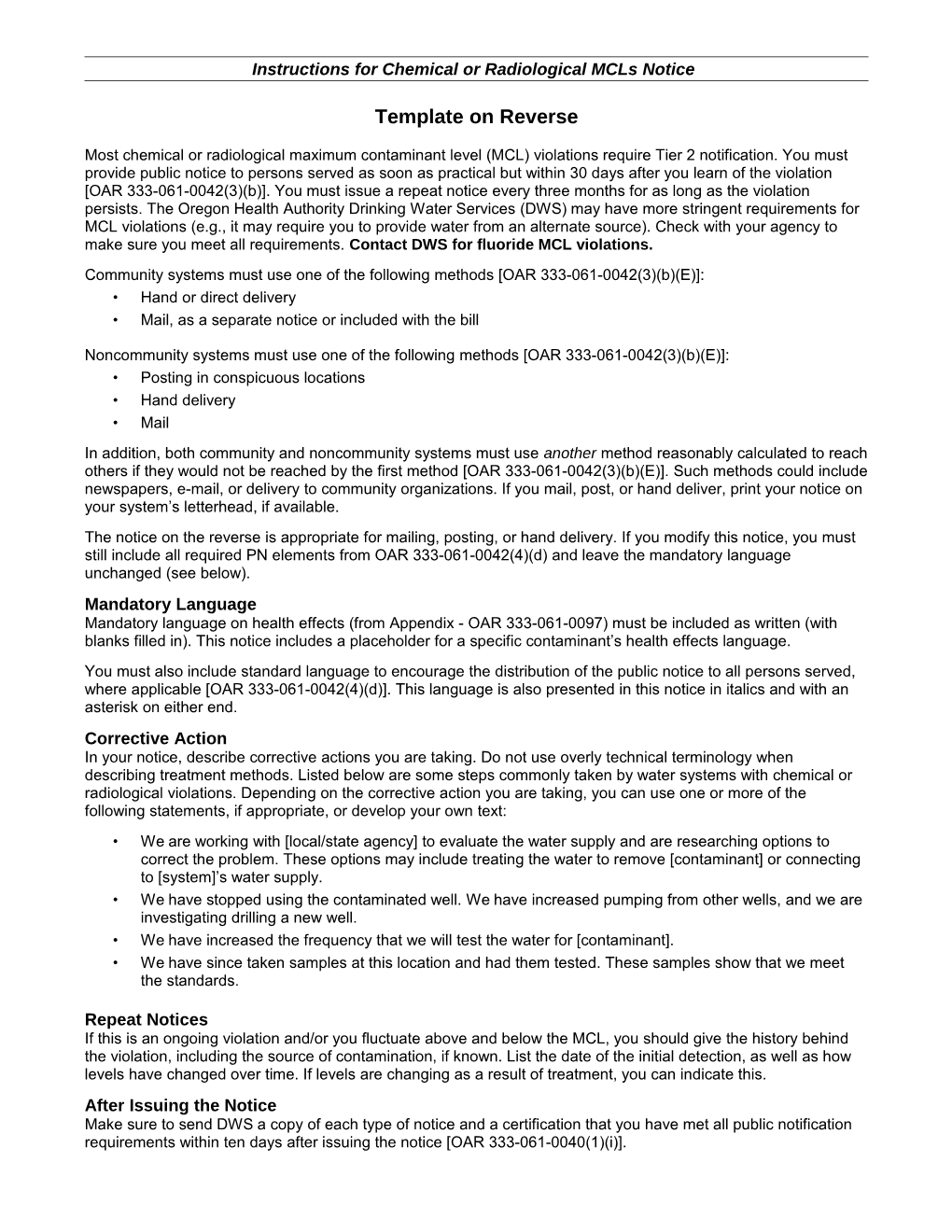 Public Notice for Chemical Or Radiological Mcls (Tier 2)