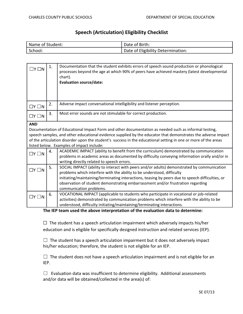 Speech (Articulation) Eligibility Checklist