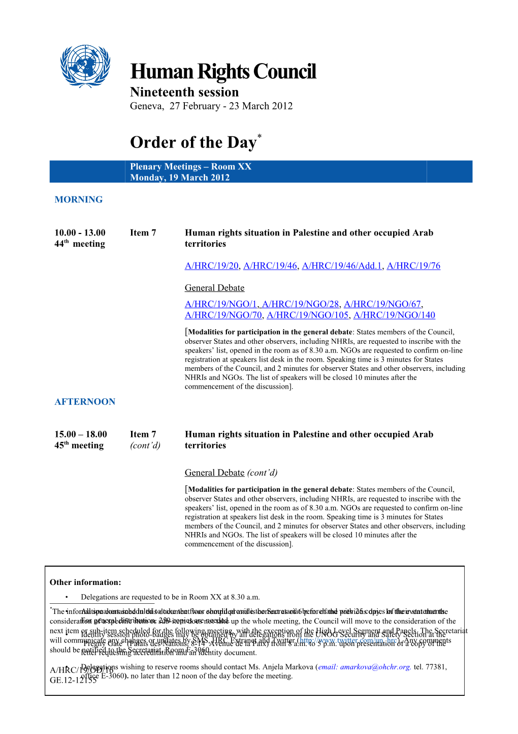 Human Rights Council, 19Th Session (27 February 23 March 2012)