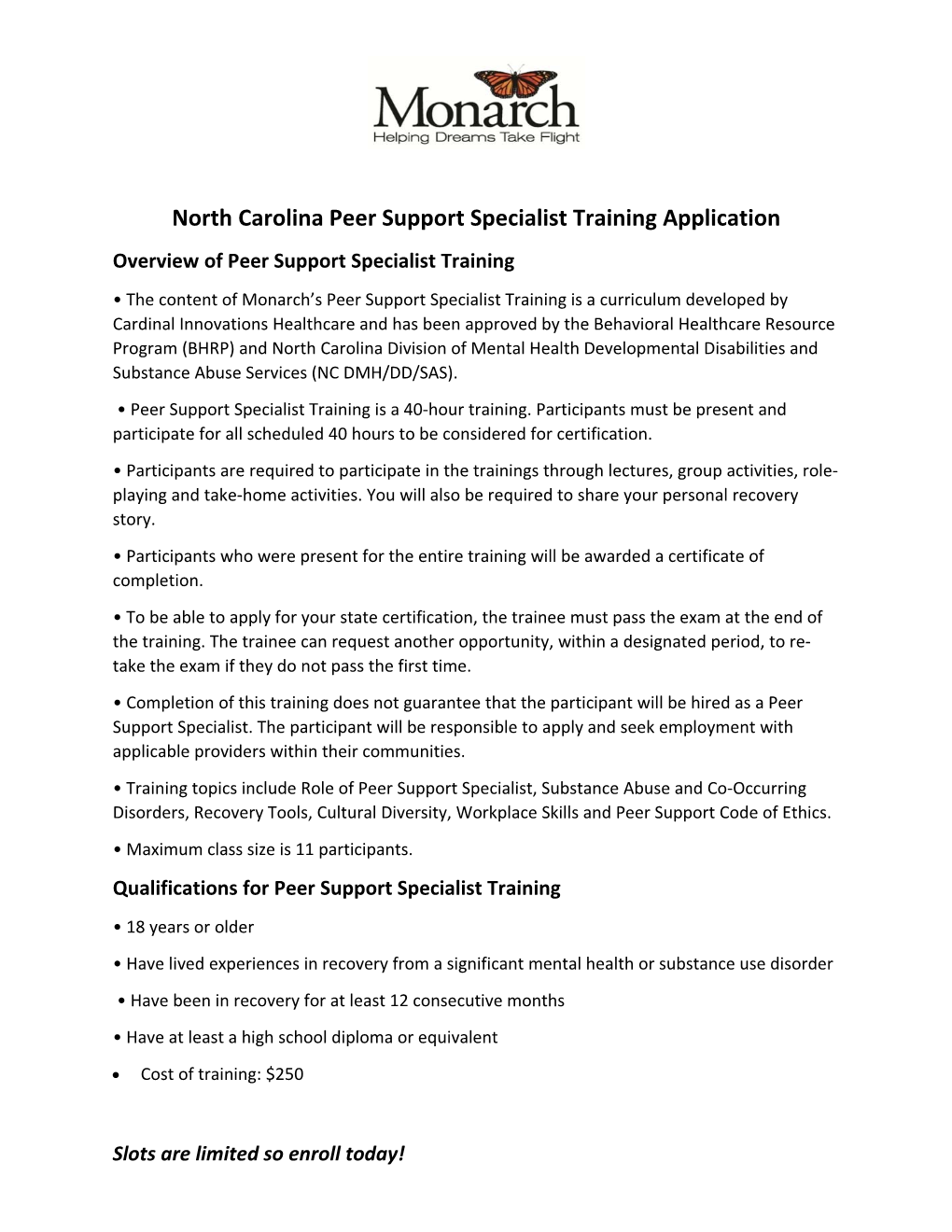North Carolina Peer Support Specialist Training Application