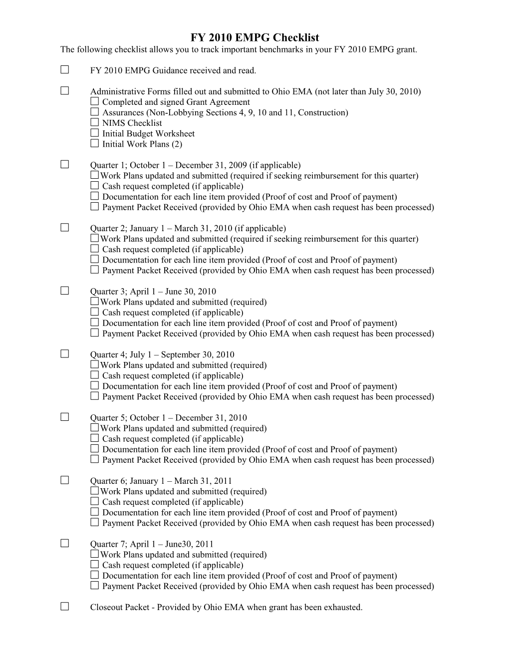 FY 2010 EMPG Checklist