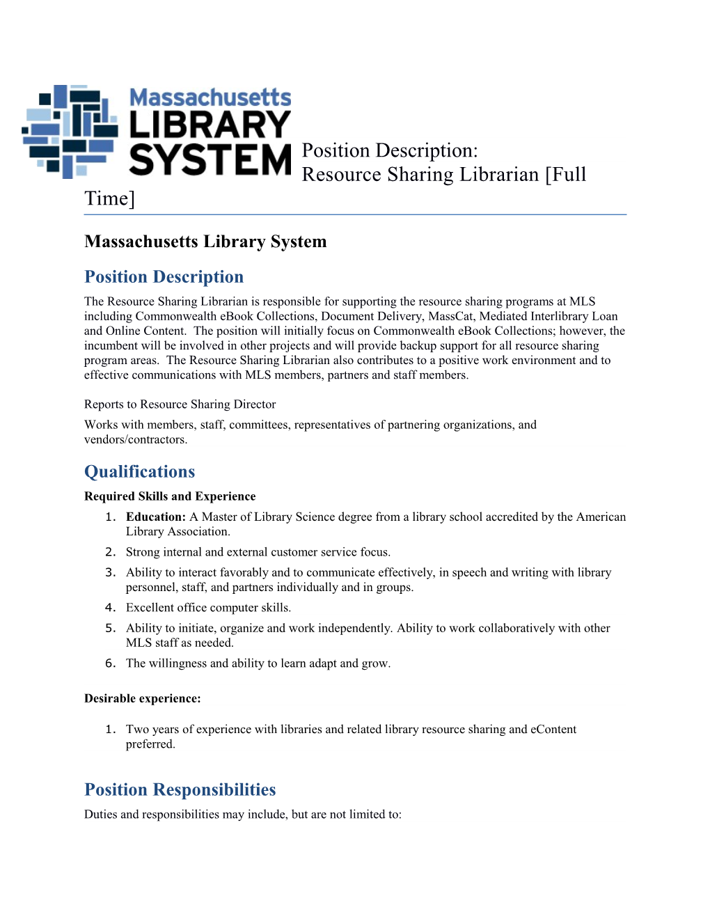 Resource Sharing Librarian Full Time