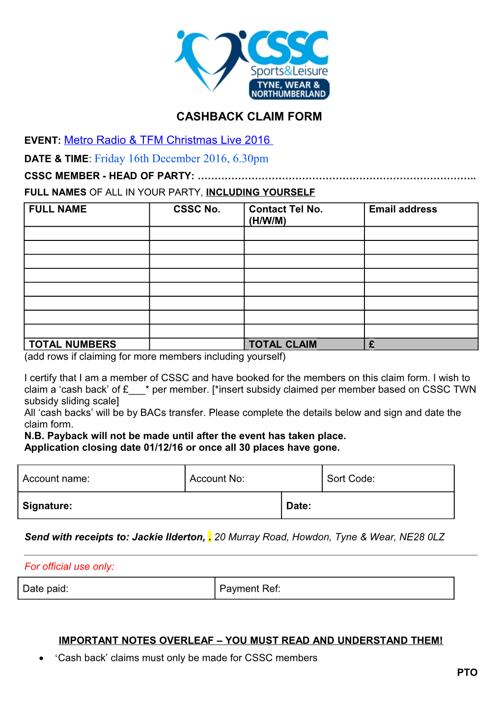 Cssc Booking Form