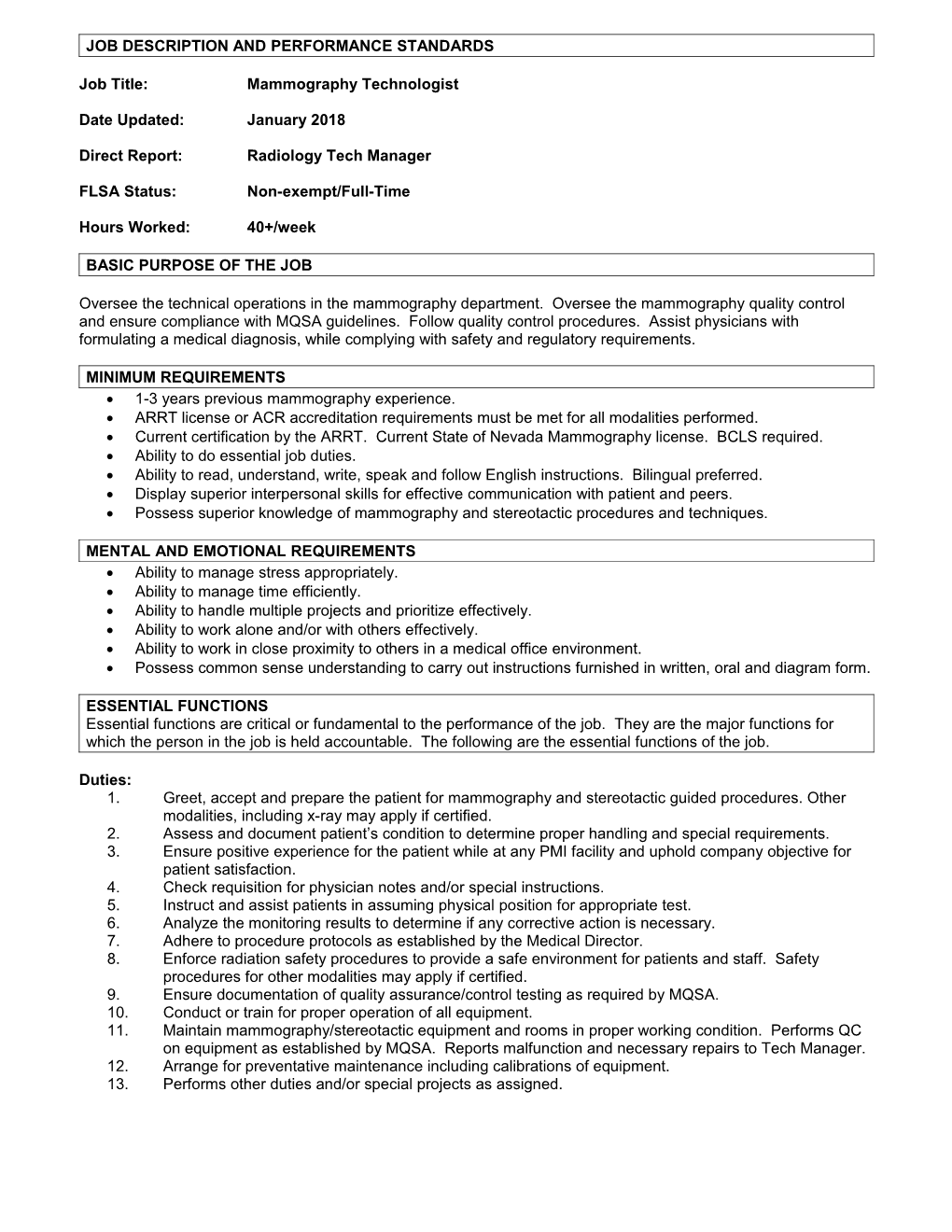 Job Description and Performance Standards