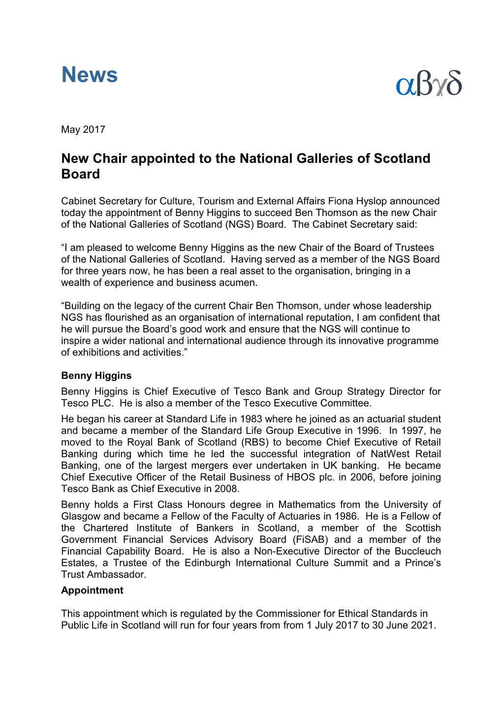 New Chair Appointed to the National Galleries of Scotland Board