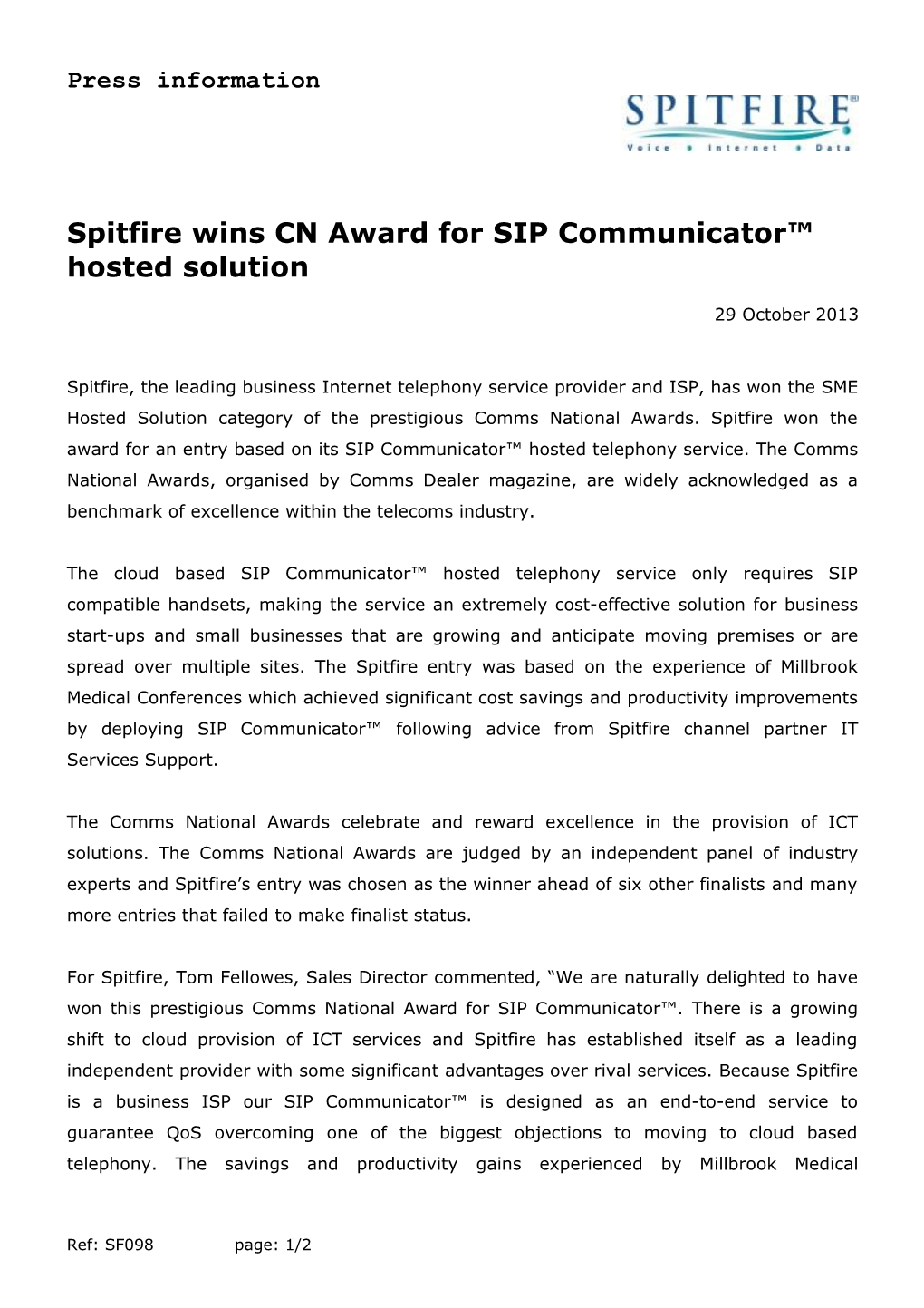 Spitfire Wins CN Award for SIP Communicator Hosted Solution