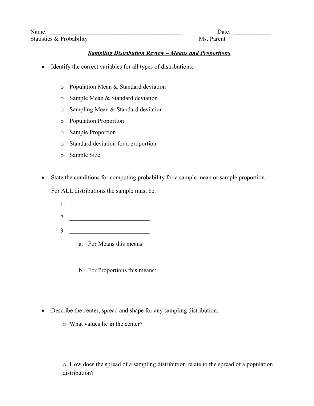 Sampling Distribution Review Means and Proportions