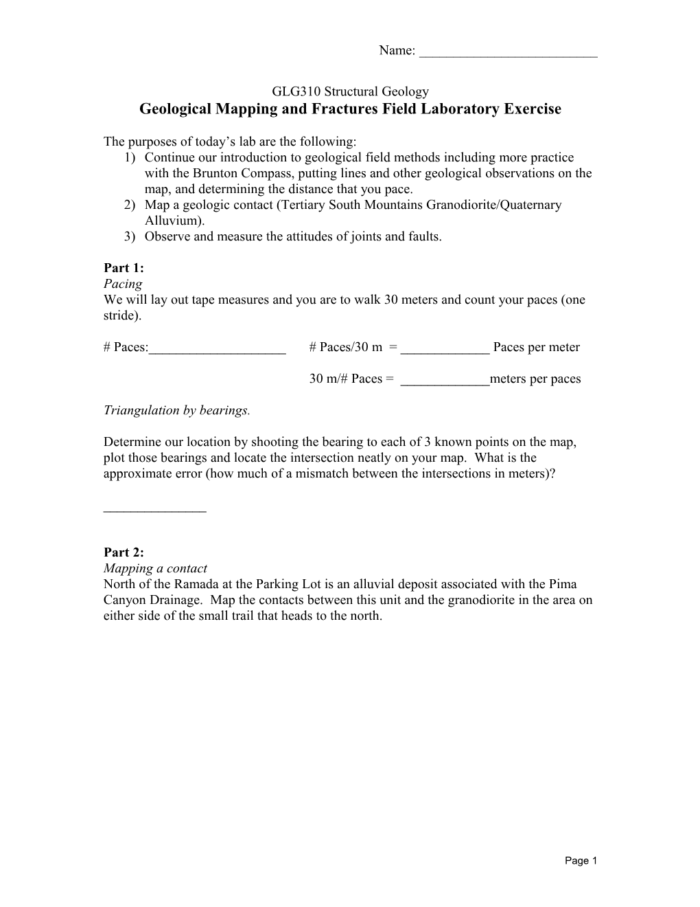 Geological Mapping and Fractures Field Laboratory Exercise