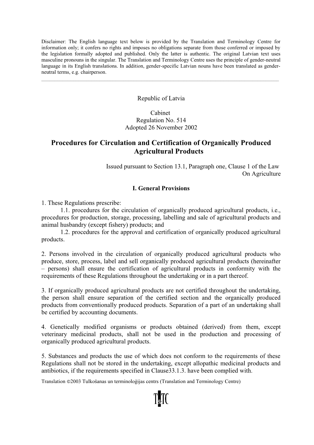 Procedures for Circulation and Certification of Organically Produced Agricultural Products