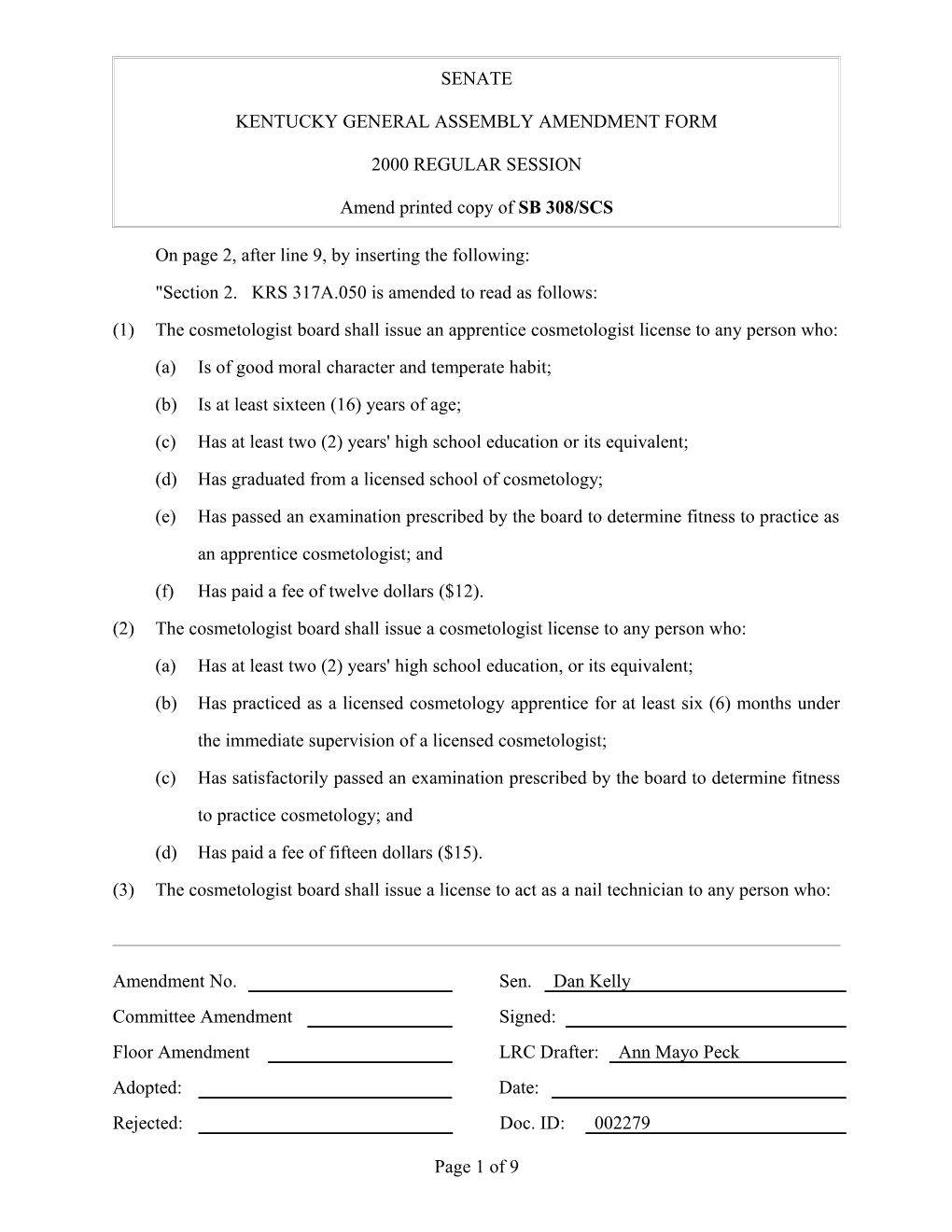 Kentucky General Assembly Amendment Form