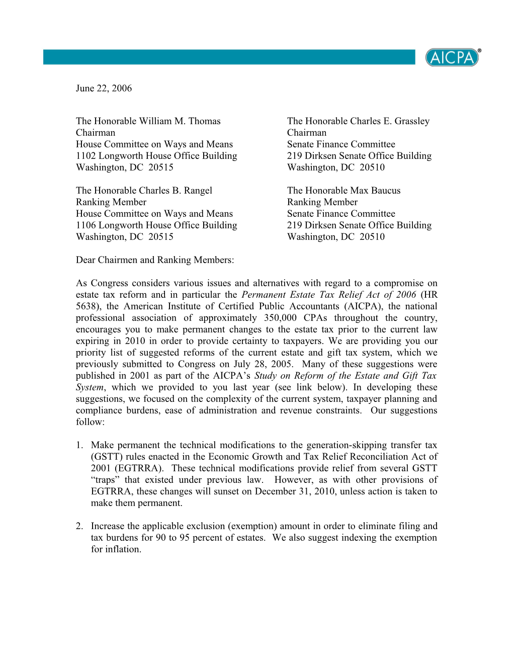 June 22, 2006 AICPA Letter to Congress on Estate Tax Reform