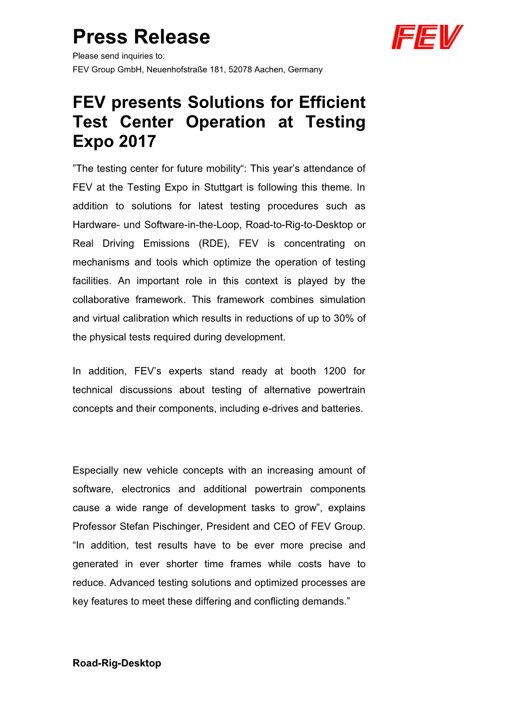 FEV Presents Solutions for Efficient Test Center Operation at Testing Expo 2017