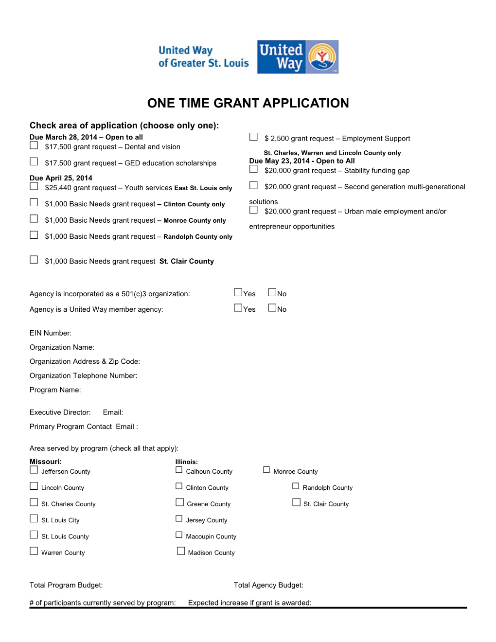 One Time Grant Application