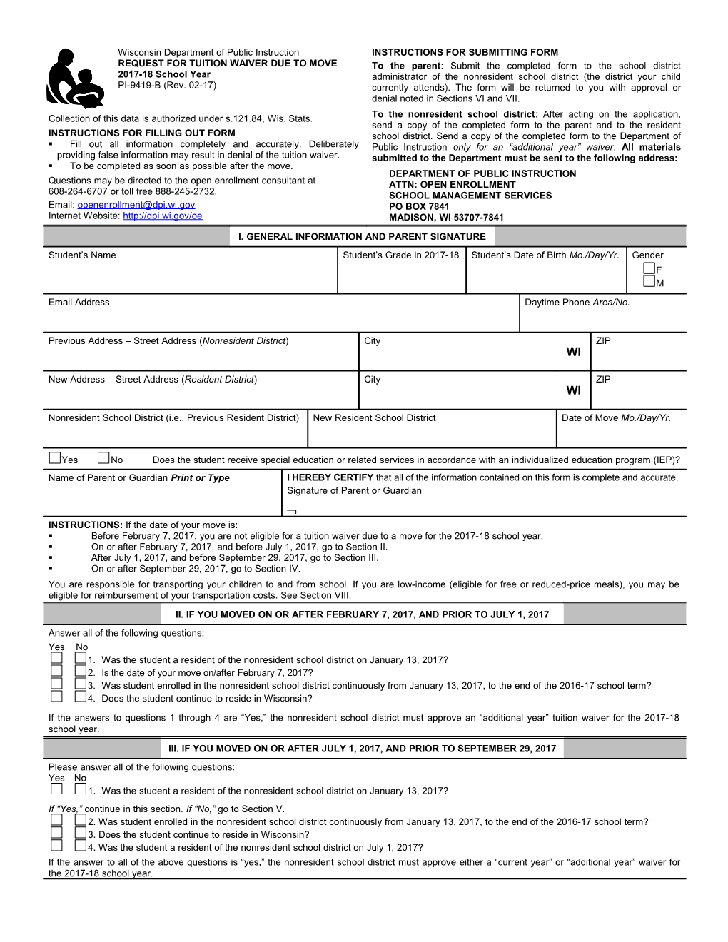 PI-9419-B Request for Tuition Waiver Due to Move