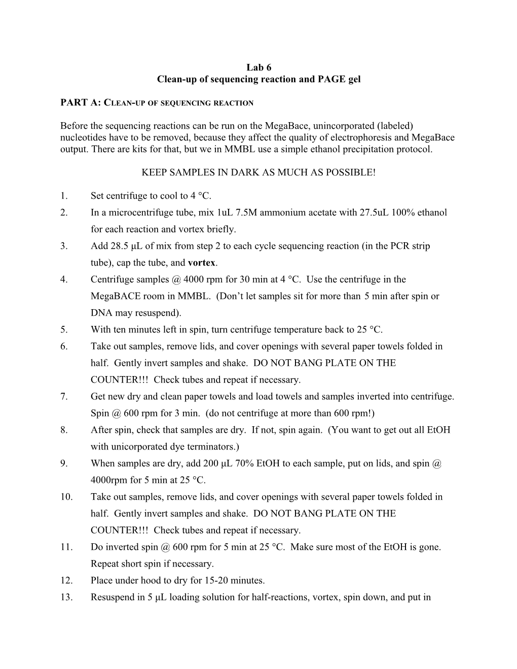 Clean-Up of Sequencing Reaction and PAGE Gel