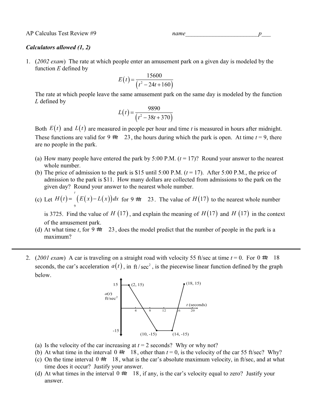 AP Calculus Test Review #9