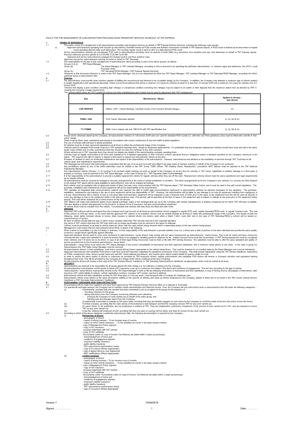 Policy for the Management of Subcontractors Providing Road Transport Services on Behalf