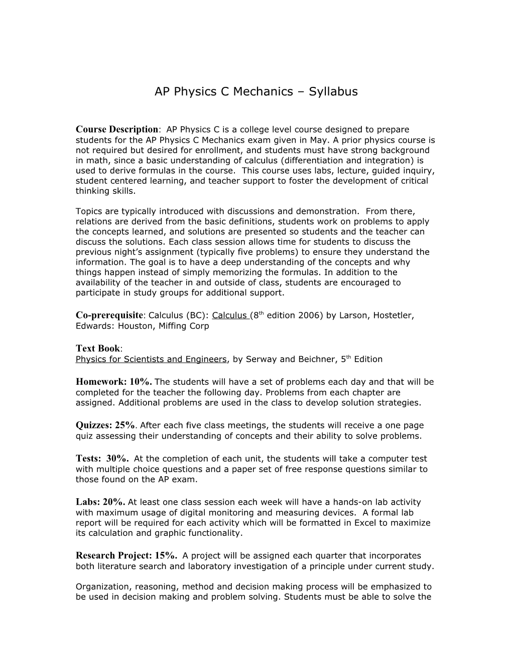 AP Physics C Mechanics Syllabus