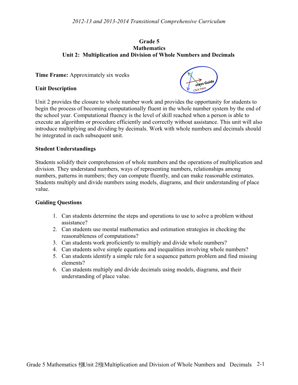 2012-13 and 2013-2014 Transitional Comprehensive Curriculum