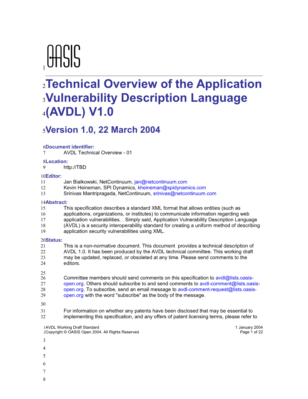 Technical Overview of the Application Vulnerability Description Language (AVDL) V1.0