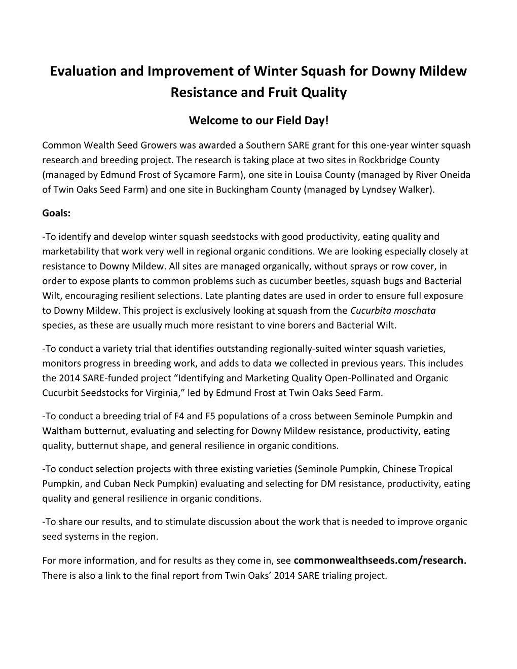 Evaluation and Improvement of Winter Squash for Downy Mildew Resistance and Fruit Quality