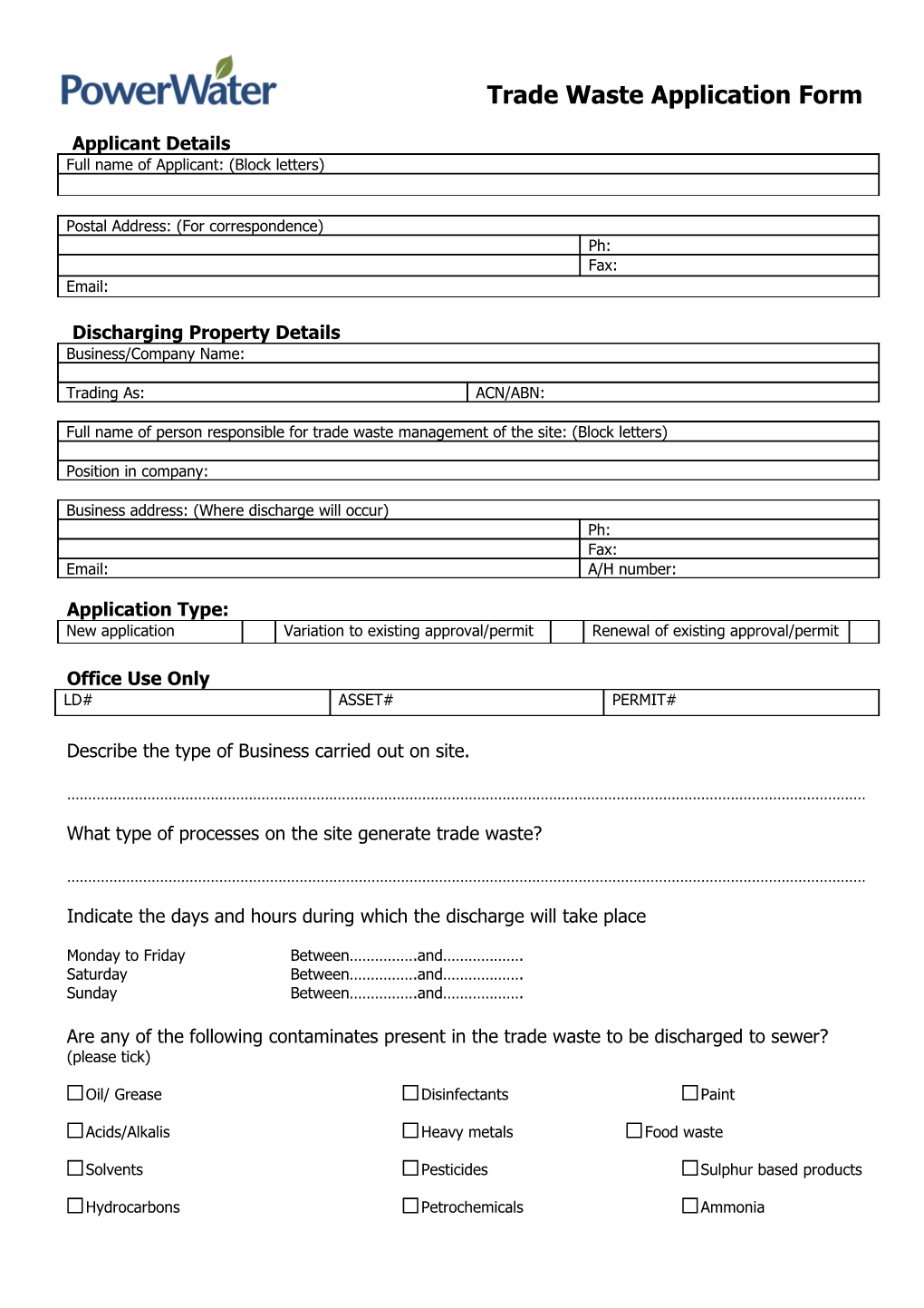 Trade Waste Application Form