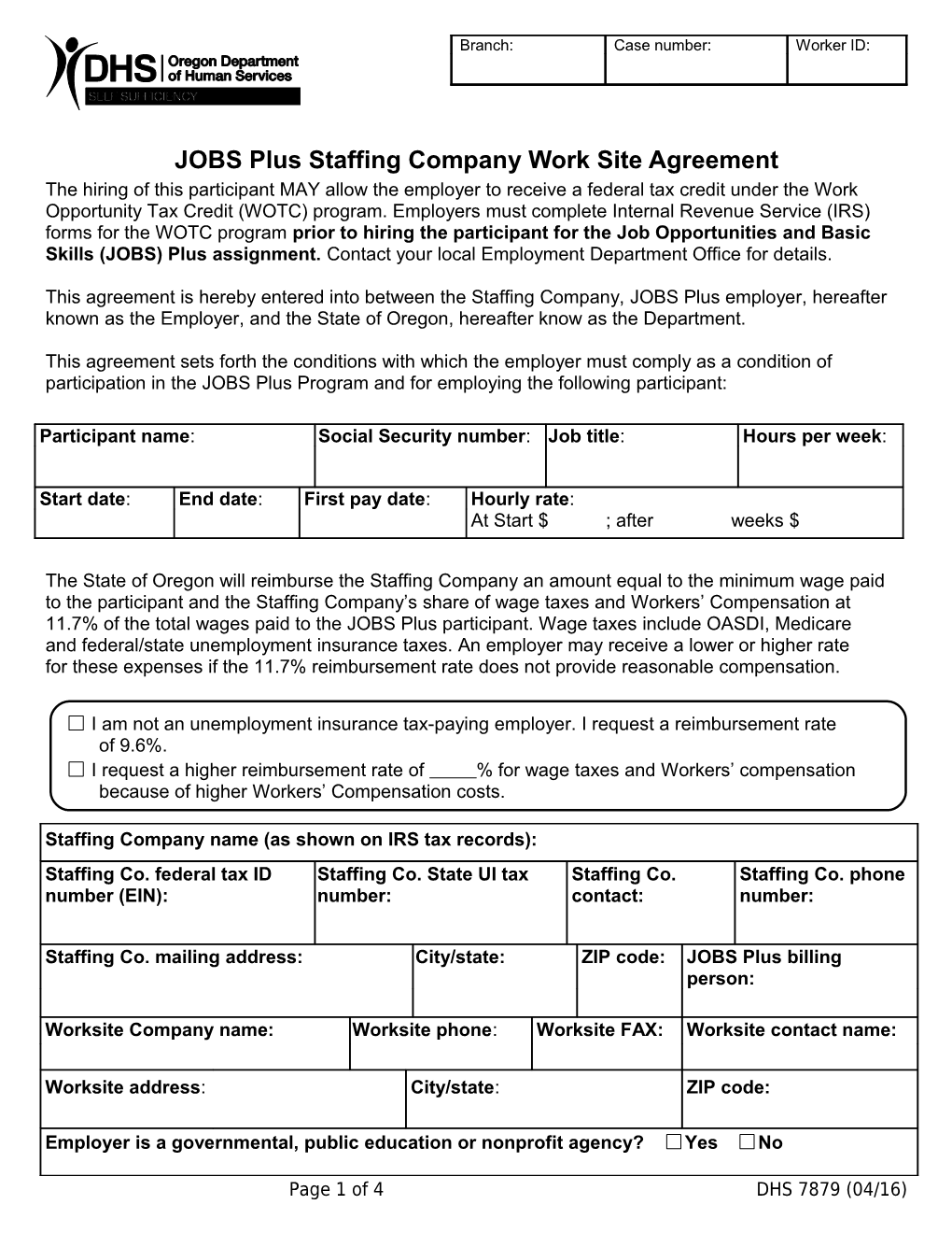 JOBS Plus Worksite Agreement for Staffing Agencies