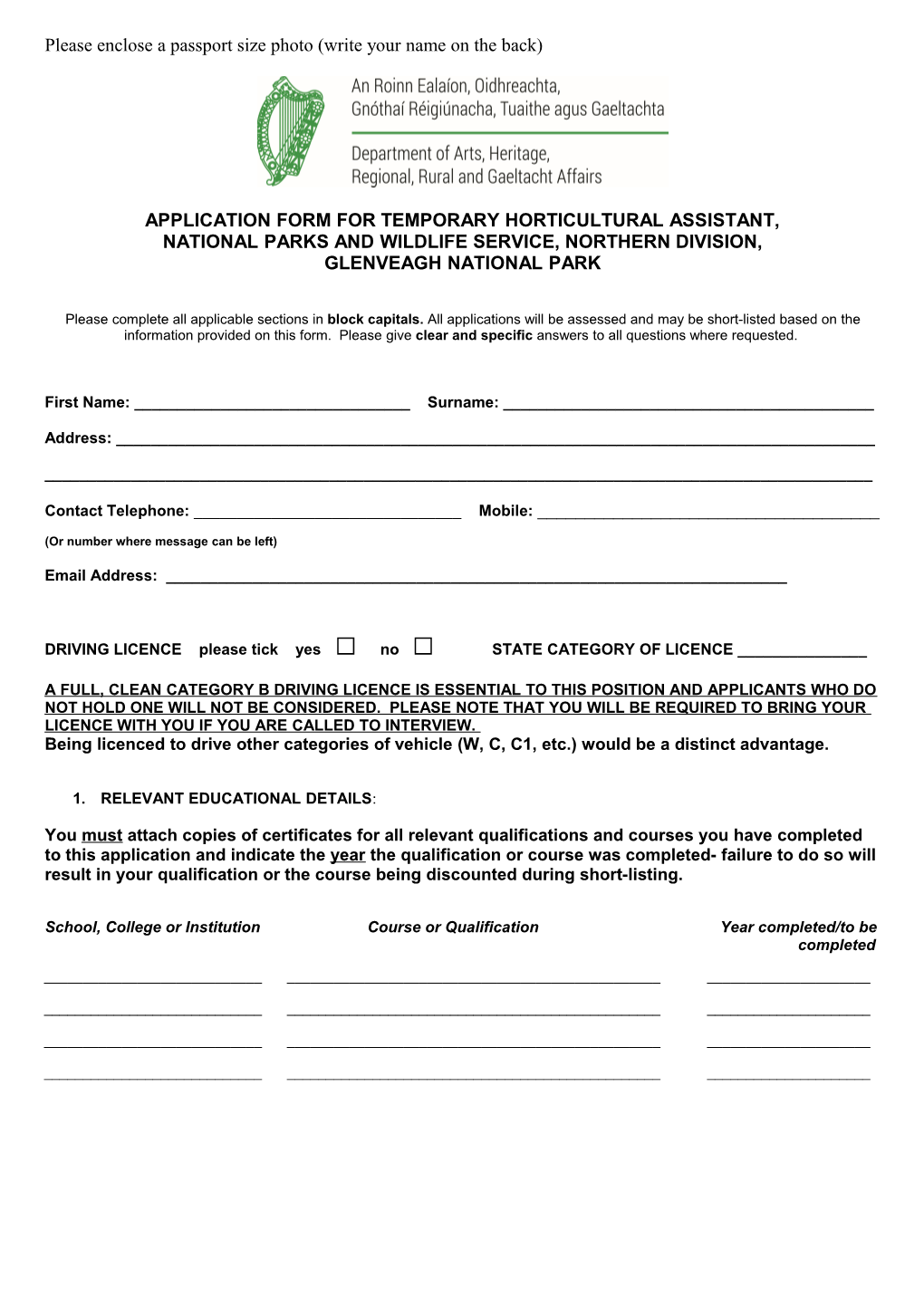 Application Form for Temporary Horticultural Assistant